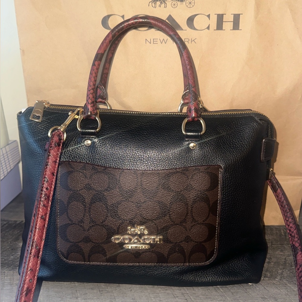 Coach Emma Satchel F34280 Colorblock Signature + Snake Handles Crossbody